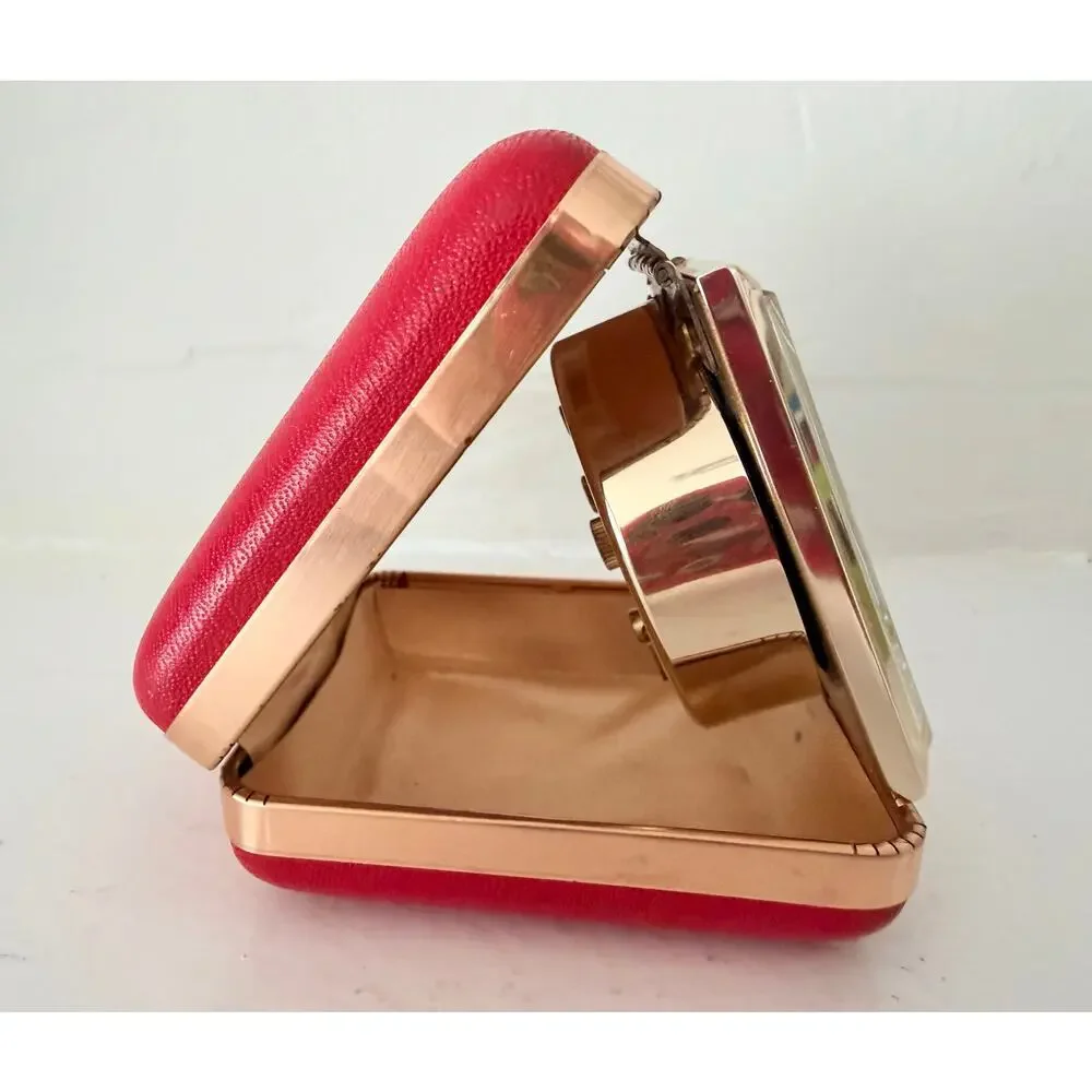Vintage Ingraham Travel Alarm Clock Red Leather Case Folding Japan Luminous